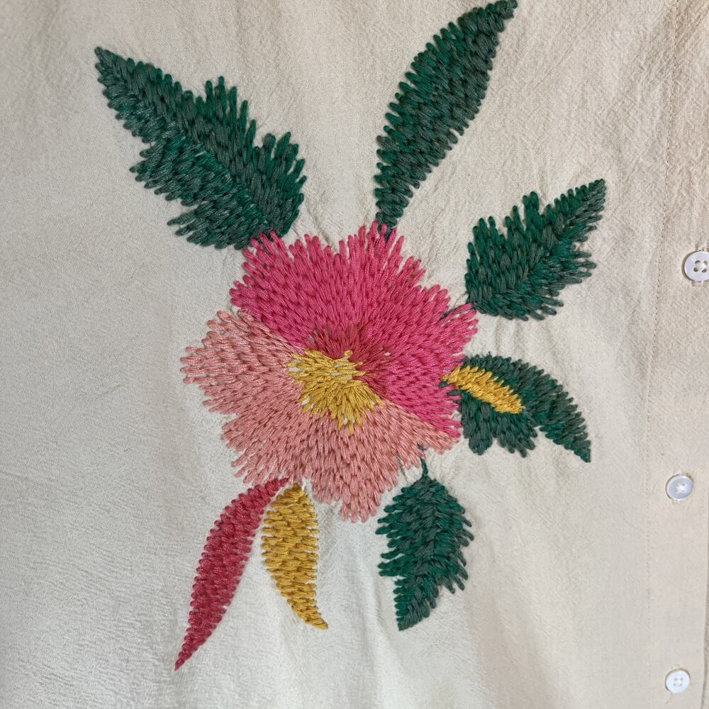 Sezane Maxy Top Shirt Oversized Beige Fits 16 & Up Floral Embroidered Button Up - Picture 10 of 15